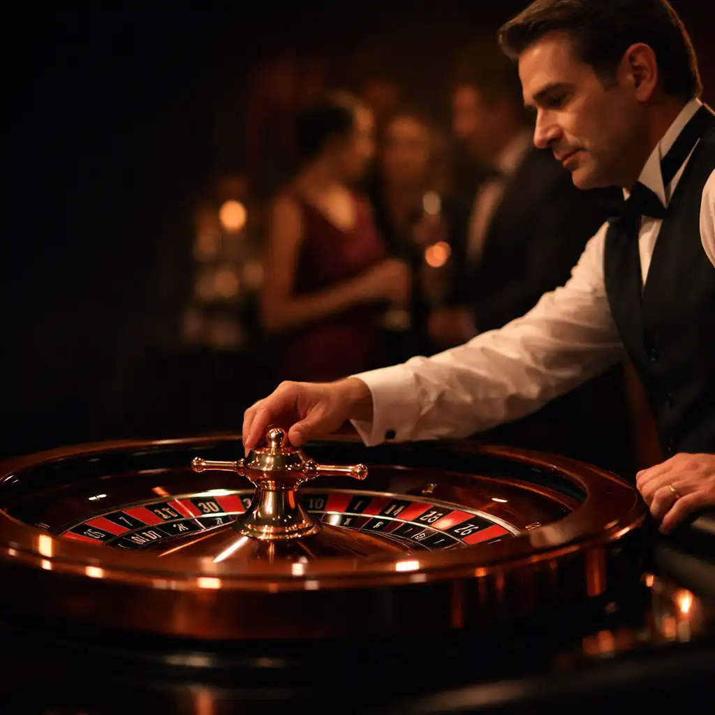 Croupier professionnel animant une roue de roulette authentique lors d’une réception privée