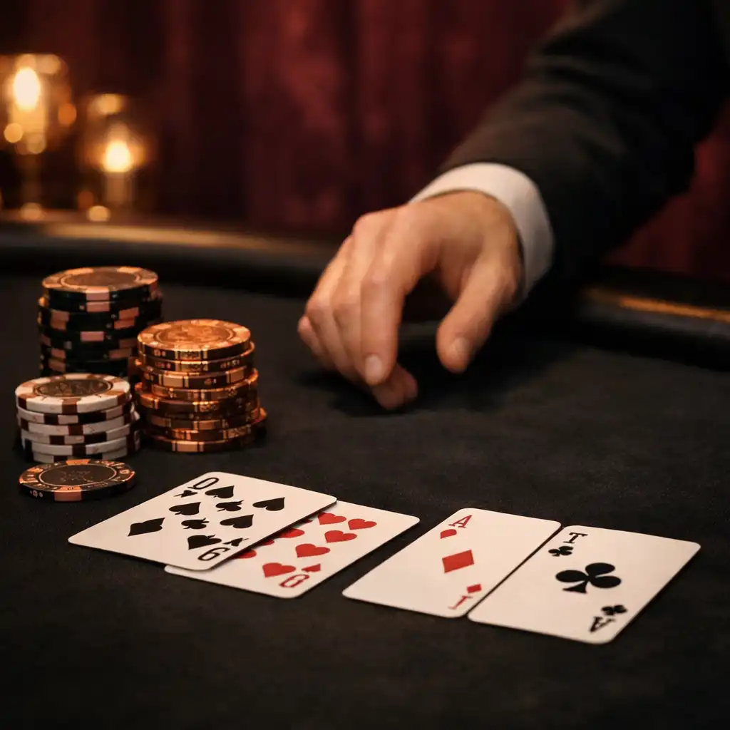 Détail d’une table de poker authentique avec la main d’un croupier professionnel