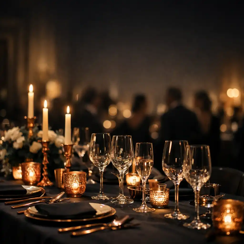 Longue table dressée pour une réception de gala aux accents rose gold