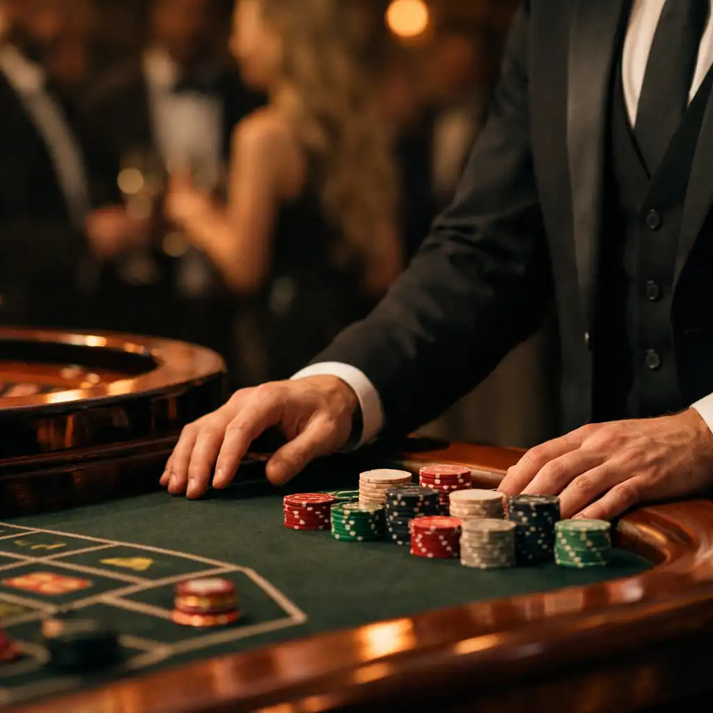 Croupier professionnel près d’une roulette lors d’une soirée privée