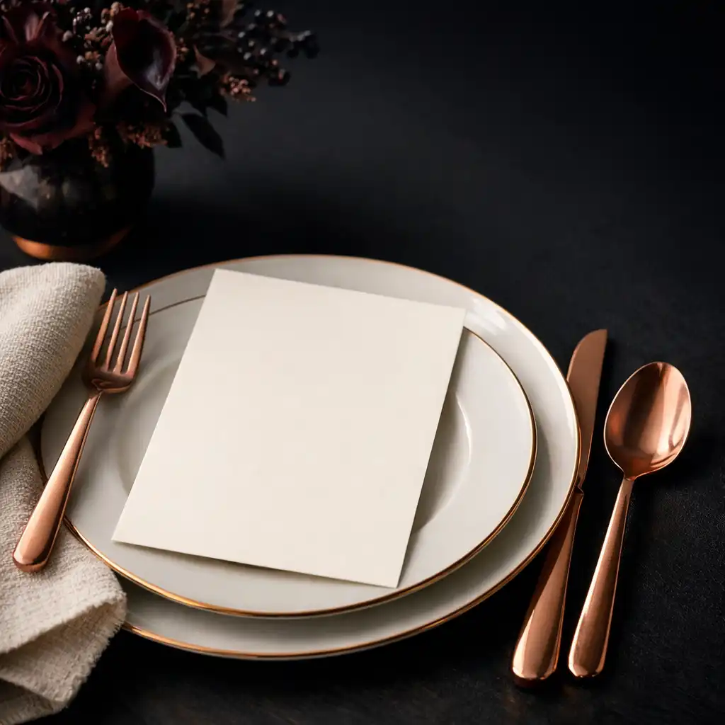 Détail de table avec porcelaine, couvert rose gold et verrerie