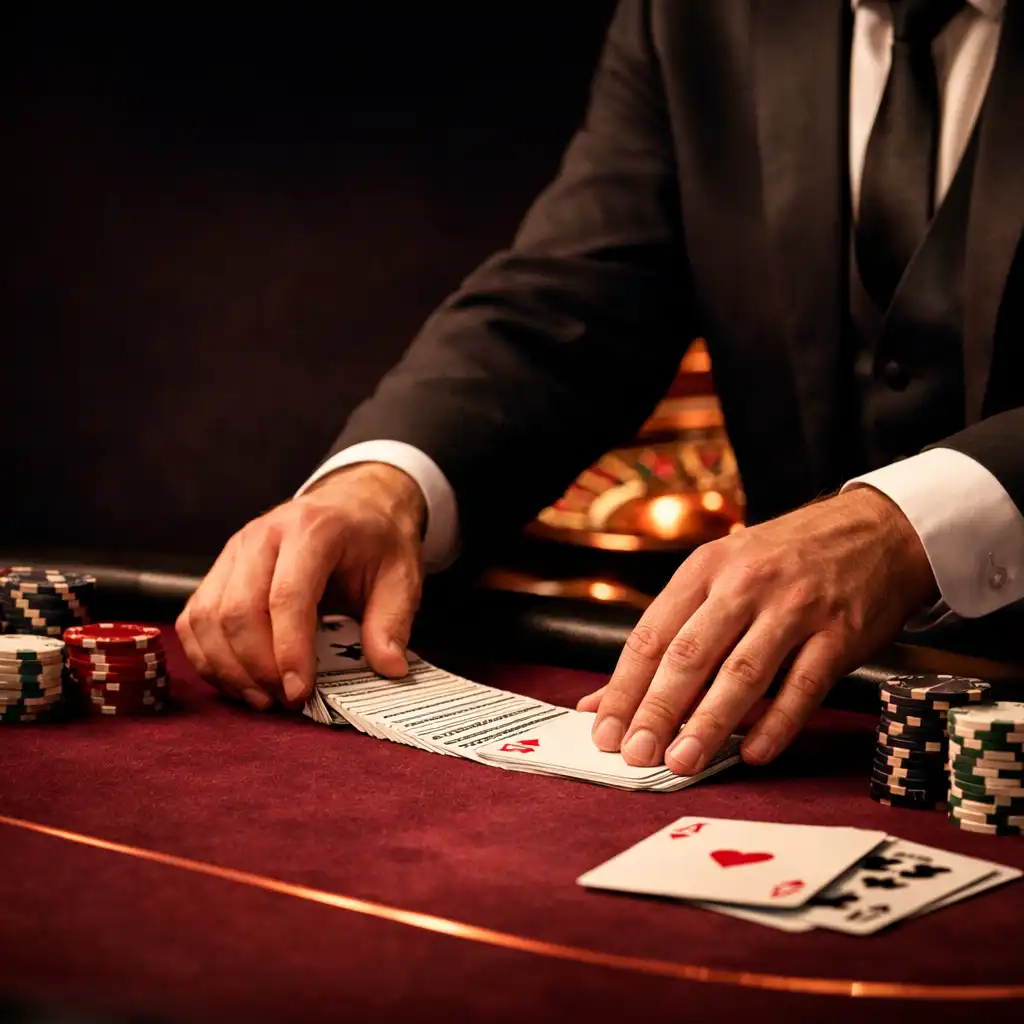 Croupier professionnel préparant une table de poker lors d'une animation salon privée