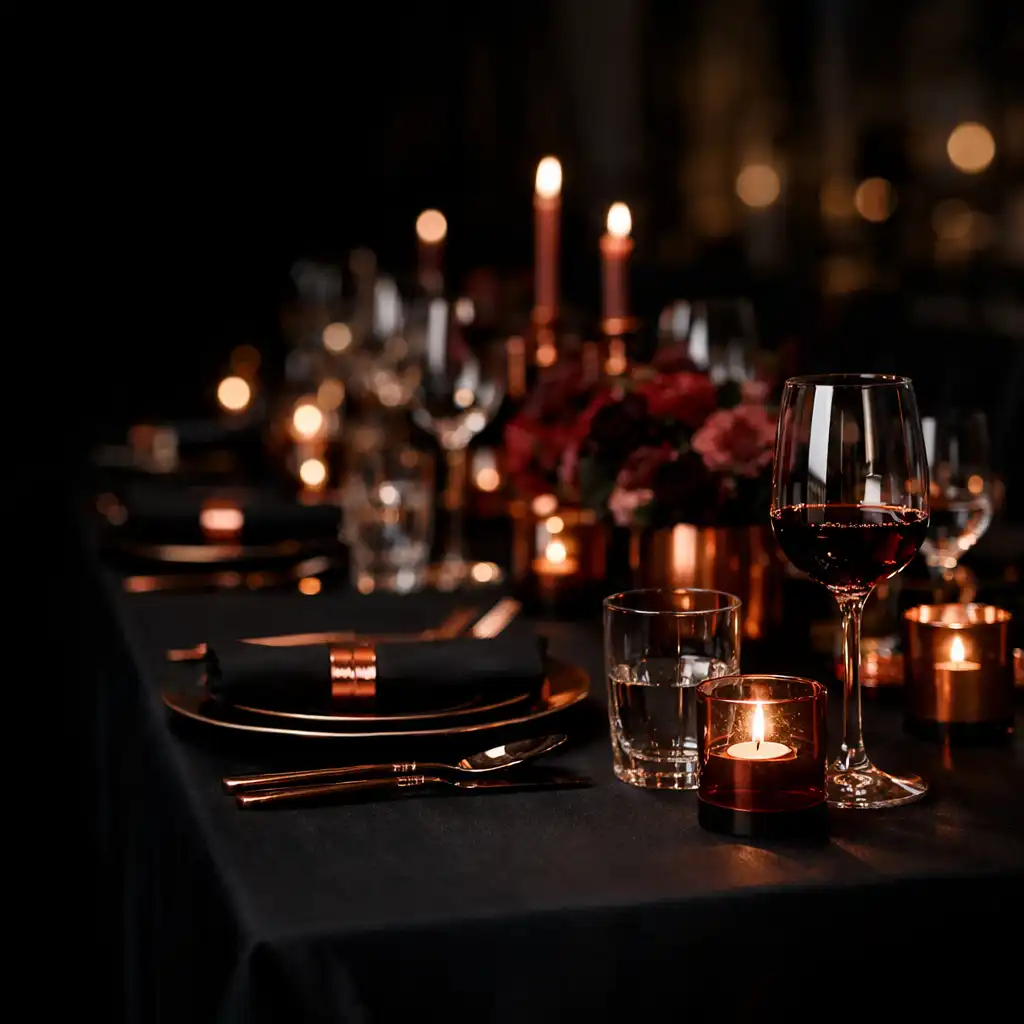 Table de gala privée dressée avec verrerie et détails rose gold