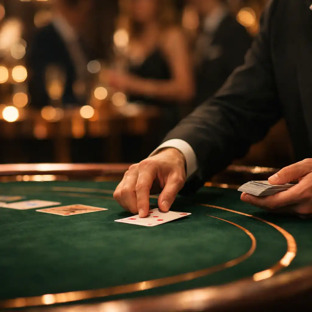 Mains d'un croupier professionnel sur une table de poker pendant une réception privée