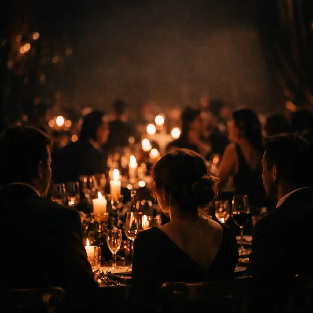 Ambiance nocturne d'un dîner de célébration avec tables dressées et lumière chaleureuse