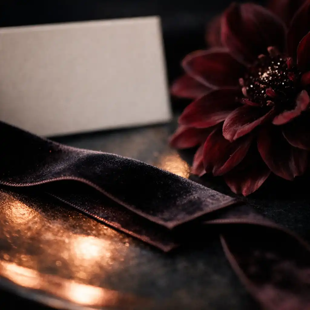 Détail de ruban de velours et fleur bordeaux sur une surface anthracite