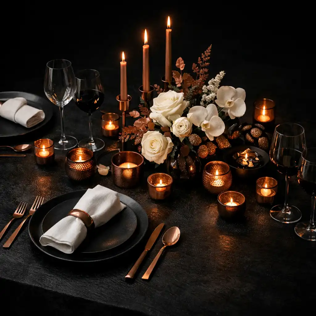 Table de gala privée avec verrerie, matières sombres et détails rose gold