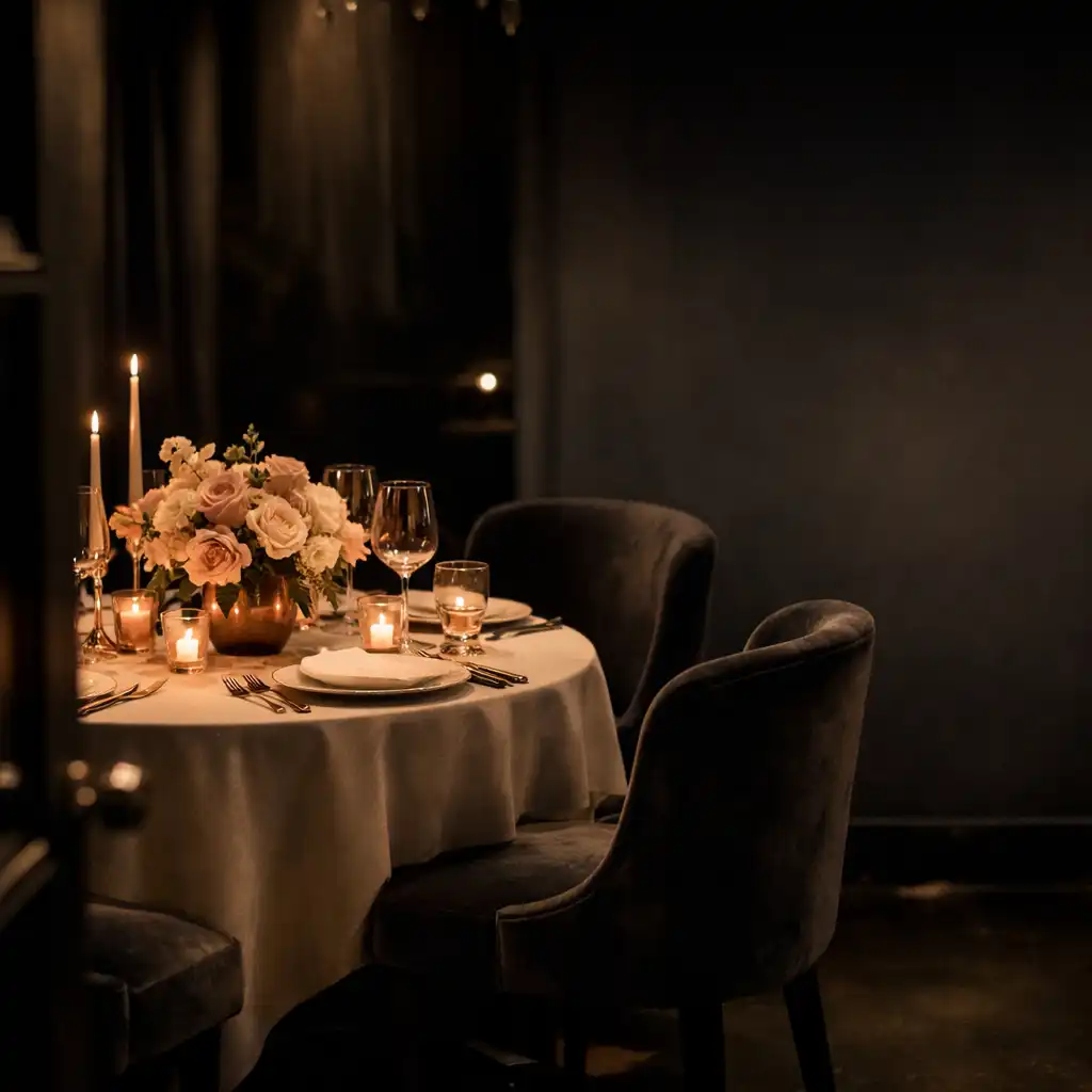 Réception privée sophistiquée avec table dressée et matières velours
